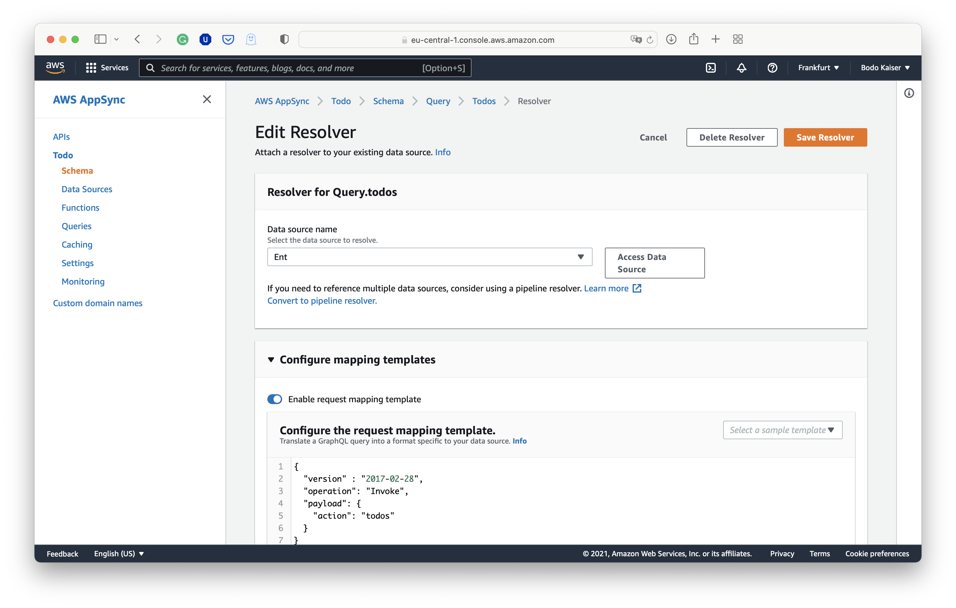 Screenshot configuring the resolver mapping for the todos Query in the AWS AppSync API