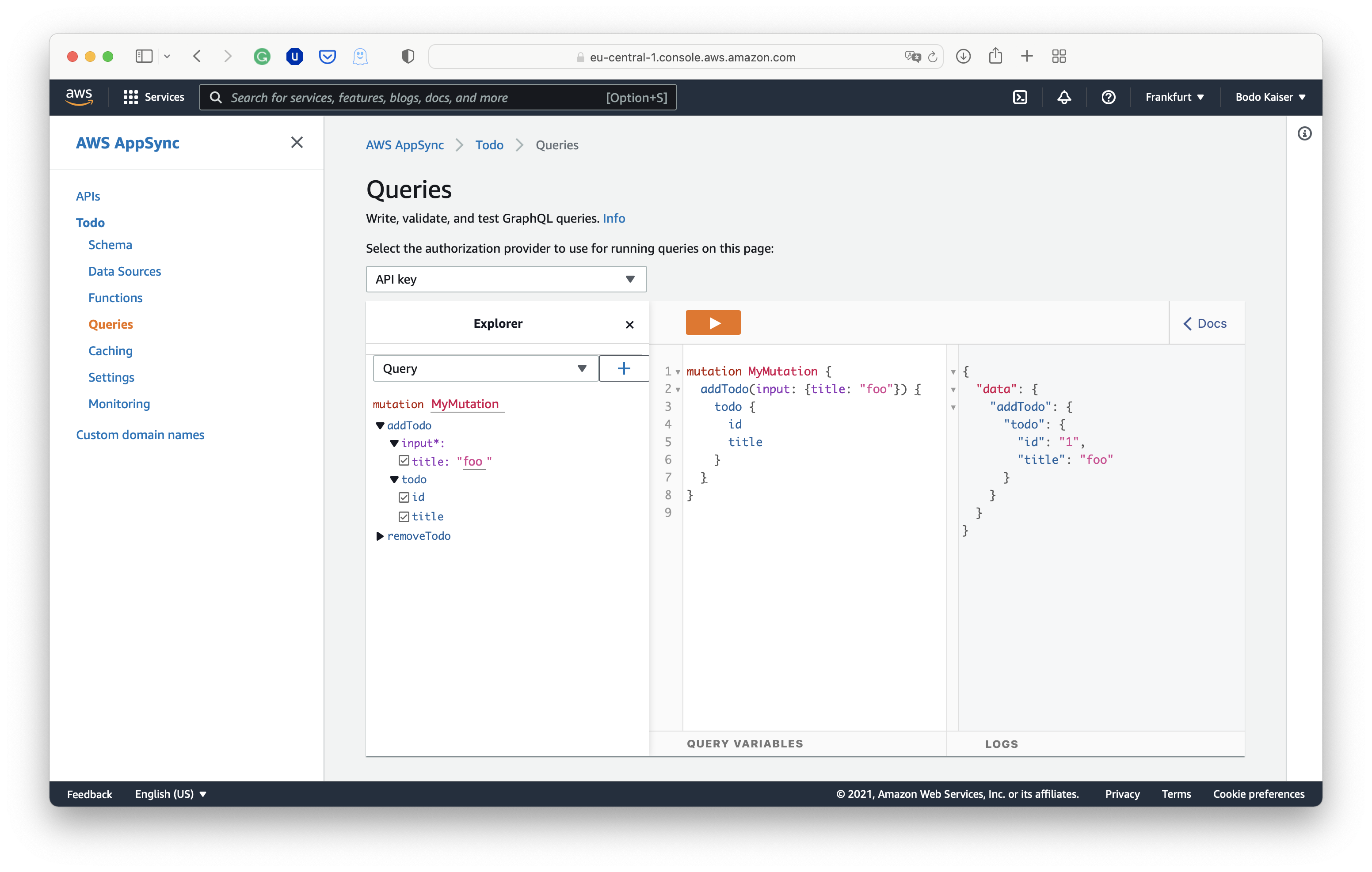 Screenshot of an executed addTodo Mutation using the AppSync Query Explorer